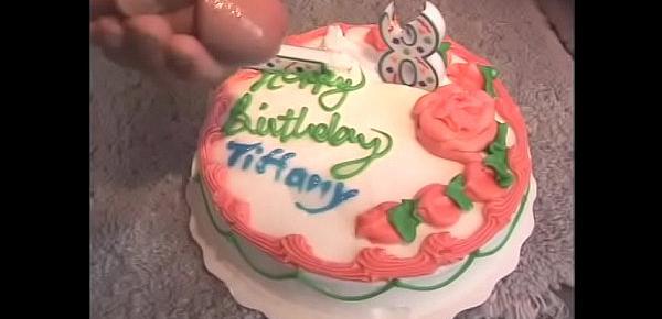  Young darkhaired nympho supposes that birthday cake taste better flavoured with load dropped by couple of guys after double penetration